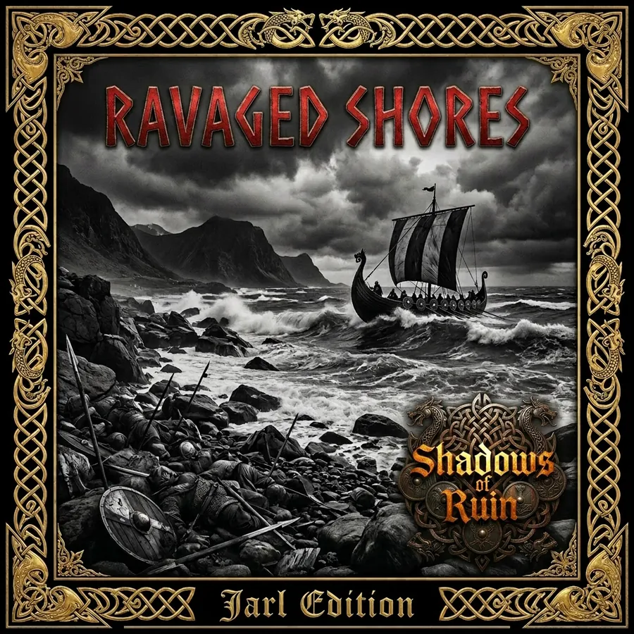 Ravaged Shores artwork: a longship off a shore of shields and helmets, in a gold knotwork frame
