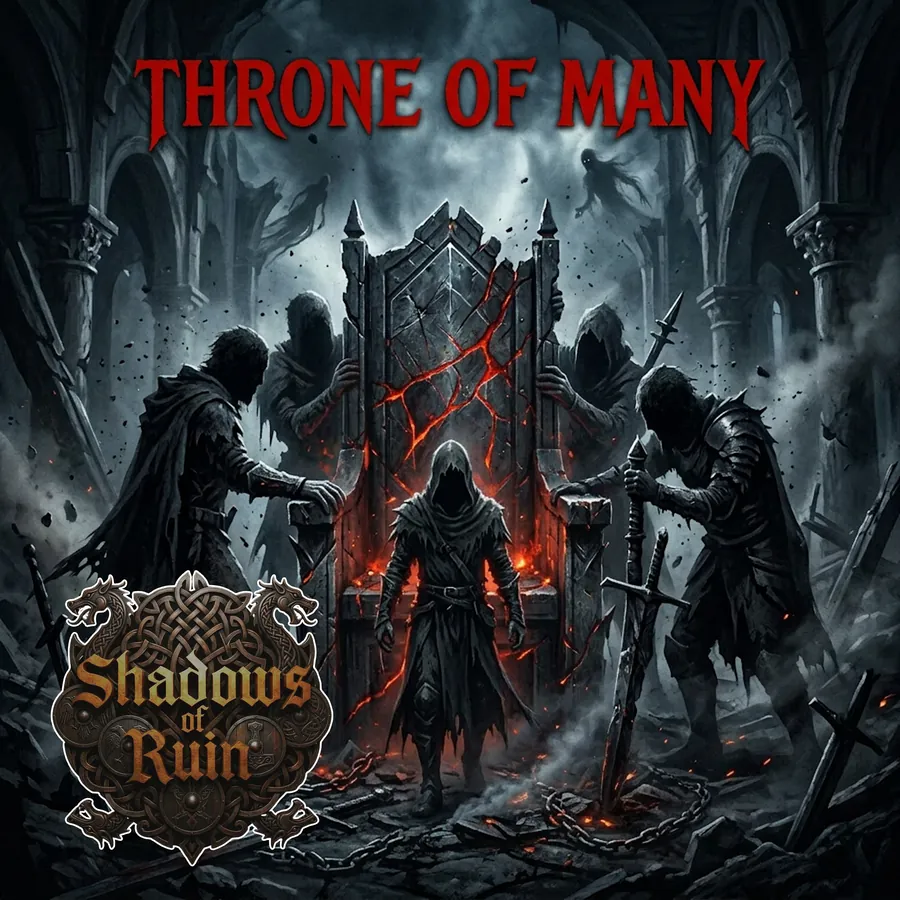 Throne of Many artwork: armoured figures around a burning throne