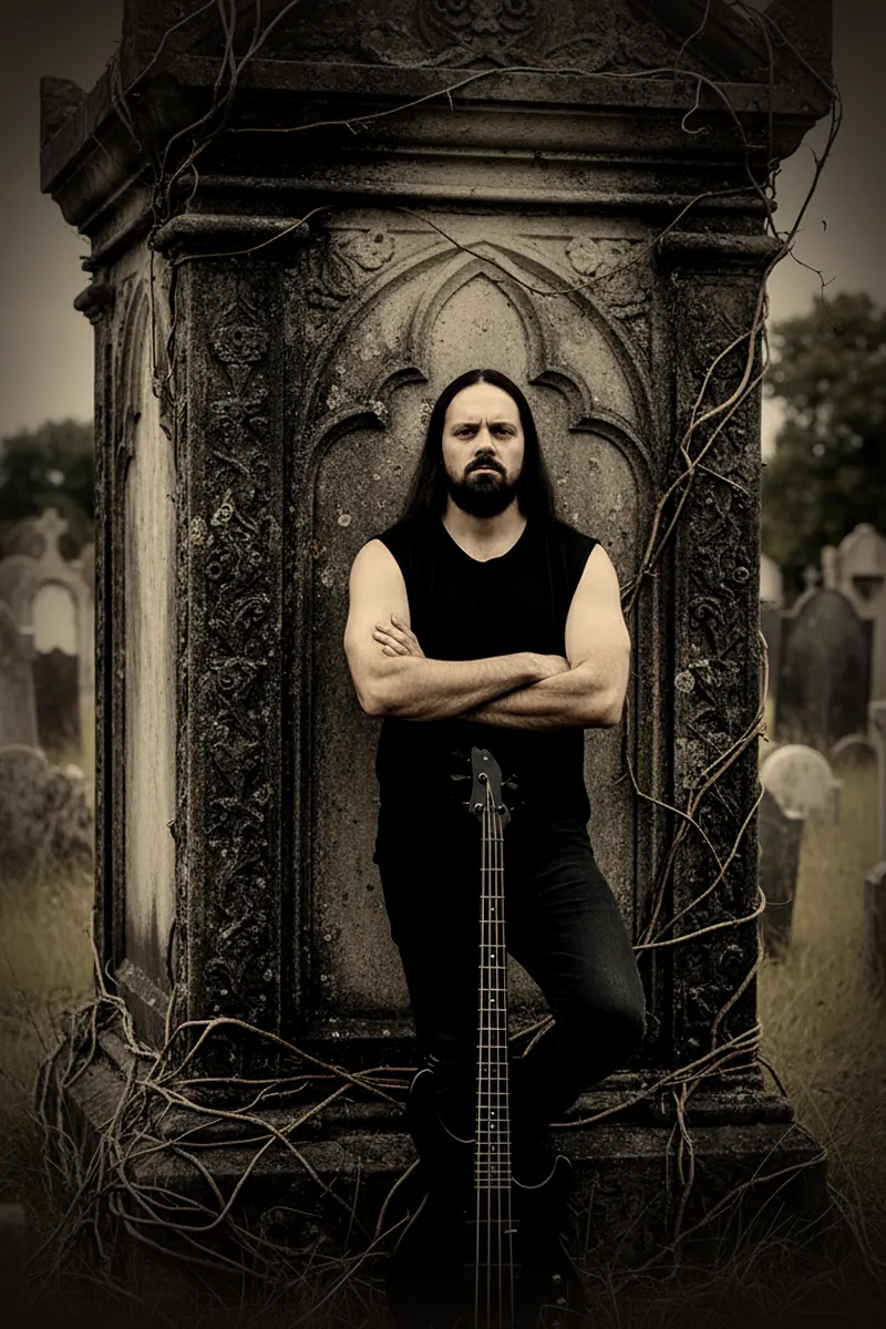 Ash Dominion standing before an ornate tomb with his bass
