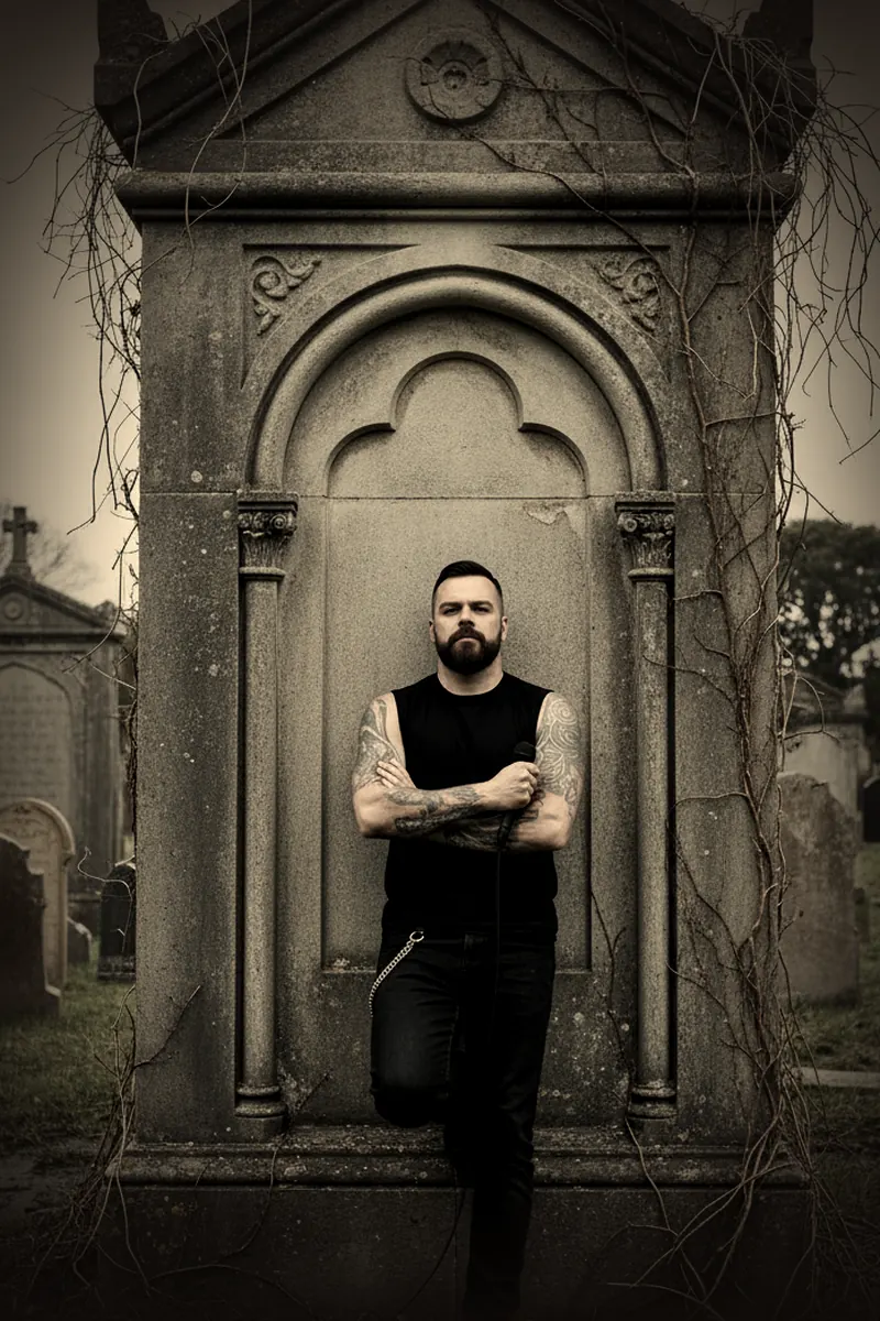 Damien Wrath standing with arms crossed in the doorway of a stone crypt