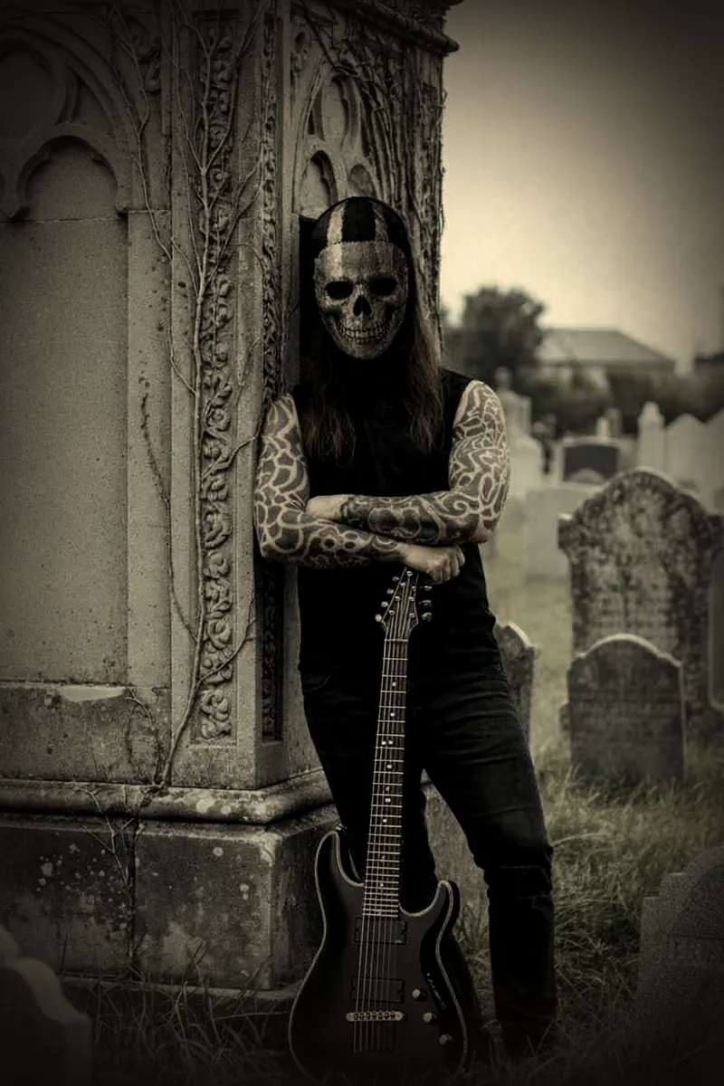 Dominic Raze in a skull mask, leaning against a carved tomb with his guitar