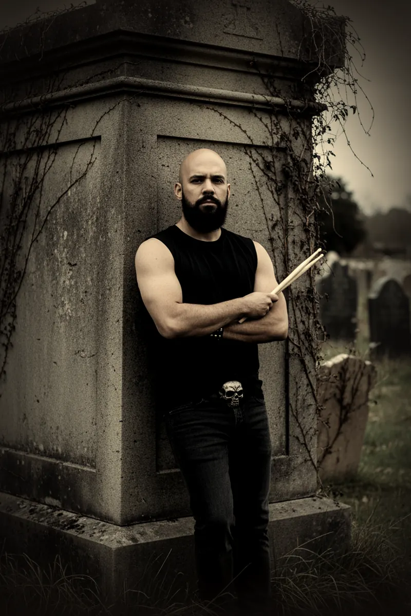 Silas Nocturne leaning on a grave monument with drumsticks in hand