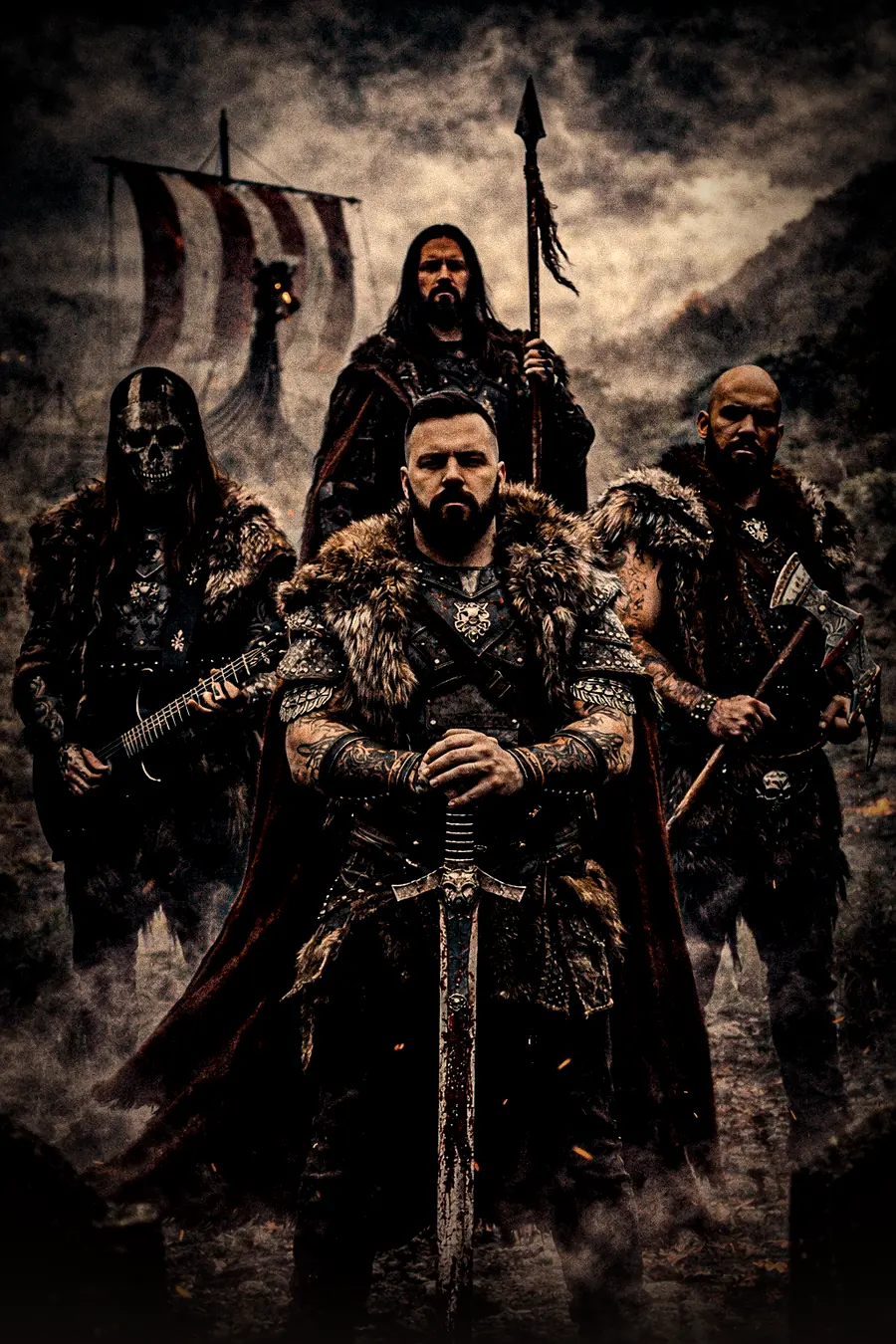 The four alters dressed as Viking raiders in front of a longship