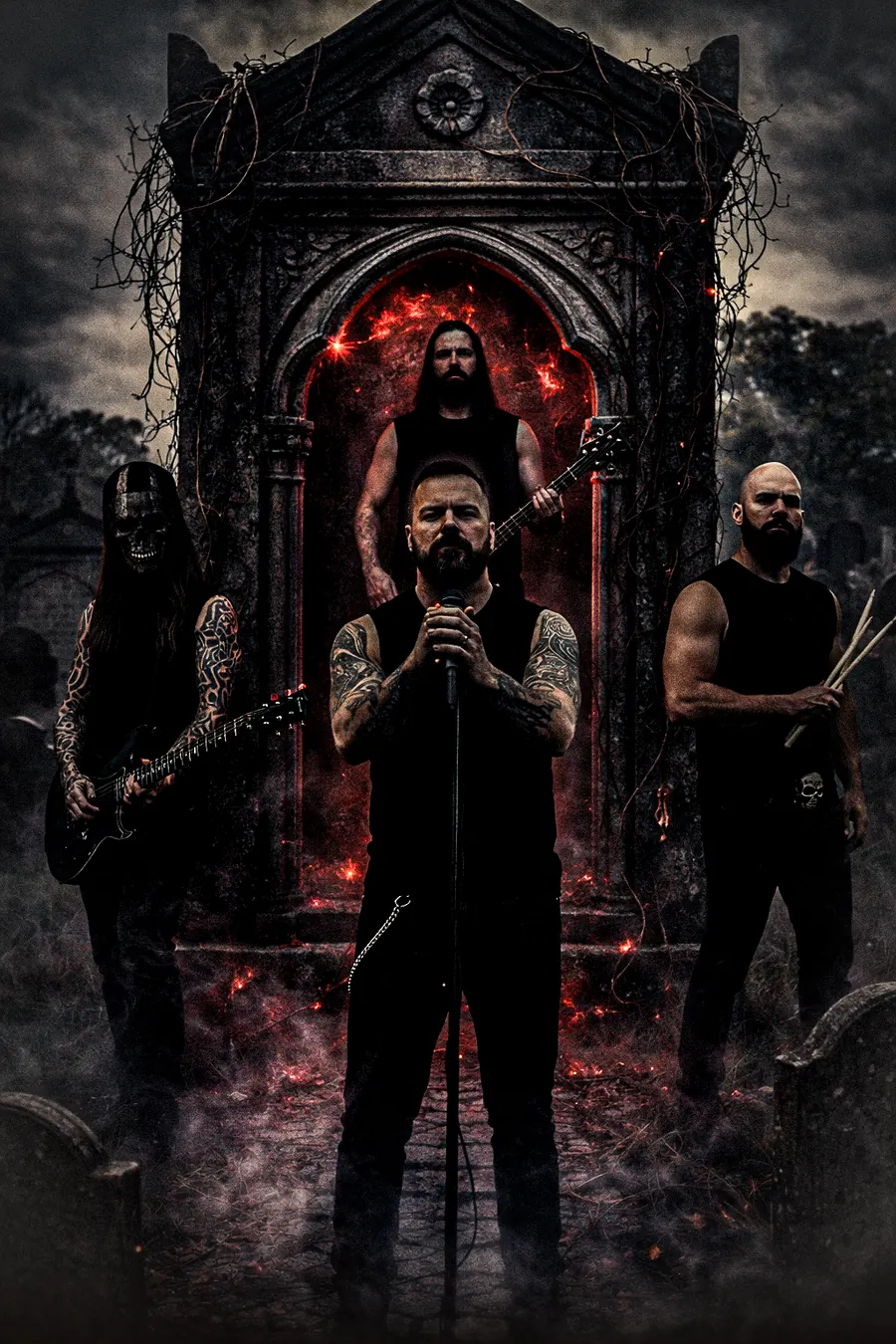 The four alters of Shadows of Ruin standing before a crypt lit red from within