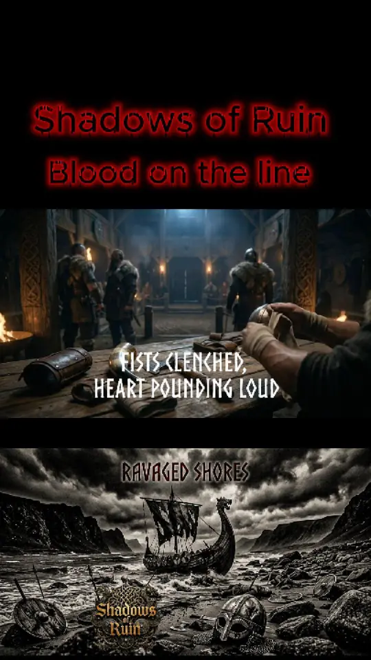 Poster frame from the Blood on the Line video: clenched fists in a firelit hall above a ravaged shore