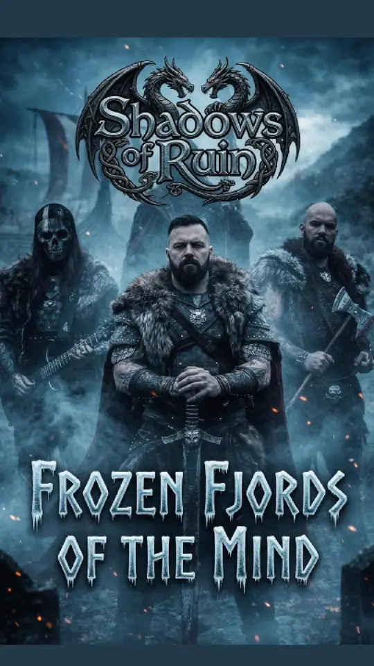 Poster frame from the Frozen Fjords of the Mind video: a lone warrior under the northern lights, the band crest above