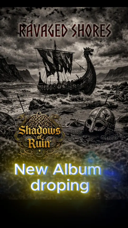 Poster frame from the Serpent of the North video: a longship on a storm-wrecked shore