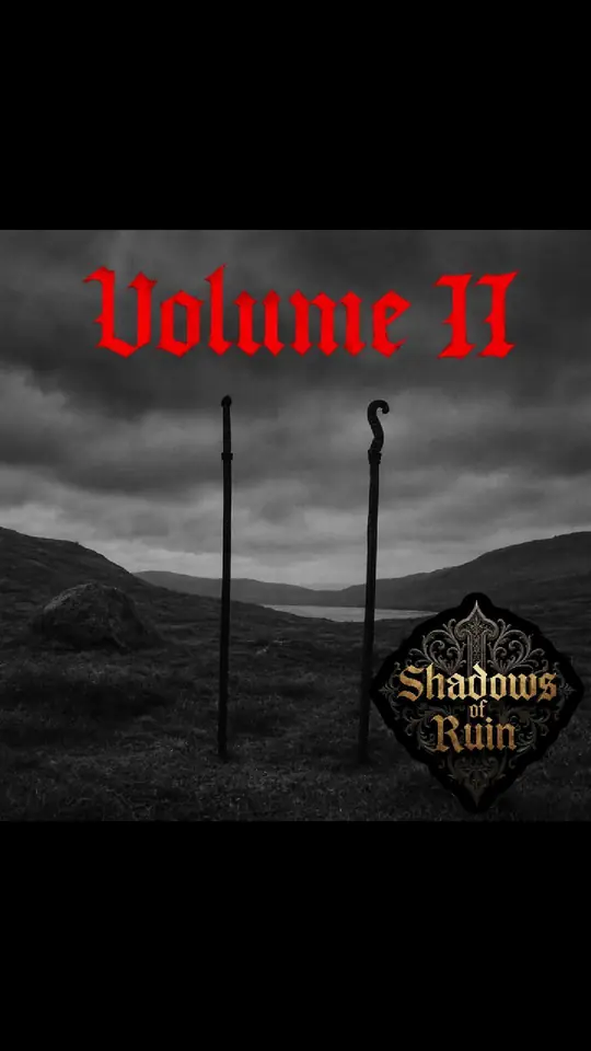 Poster frame from the Shadows of Ruin video: two iron staffs on a grey Norse moor